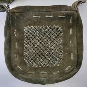 Vintage 60s Olive Green Suede Purse Satchel Woven Zip Top Handmade Boho 9 x 8.5